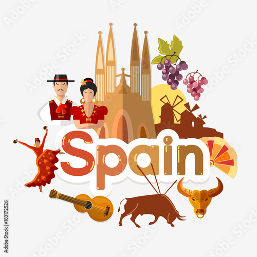 Travel to Spain. Traditions and culture,  Welcome to Spain. Collection of symbolic elements. Template travel background
