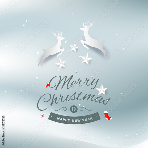 Merry christmas and Happy New Year greeting card typography flyer template with lettering. Poster  card  label  banner and reindeer design. Vector illustration  