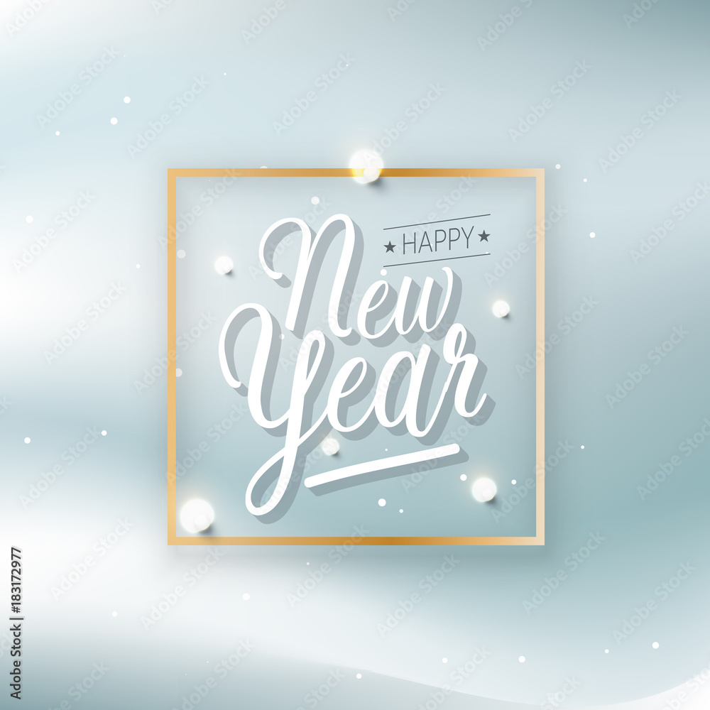 Fototapeta premium Happy New Year greeting card typography flyer template with lettering. Poster, card, label, banner and reindeer design. Vector illustration