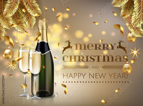 Merry Christmas and happy new year champagne bottle with glass in realistic style.  Greeting card or elegant holiday party invitation with golden christmas tree, confetti. EPS10 vector.