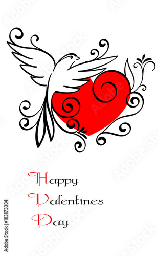 congratulatory card day valentine's day heart dove drawing line pattern black red text happy joyful