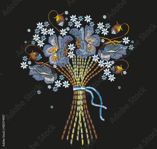 Embroidery bouquet of blue flowers. Template for clothes, textiles, t-shirt design. Classical embroidery beautiful summer flowers
