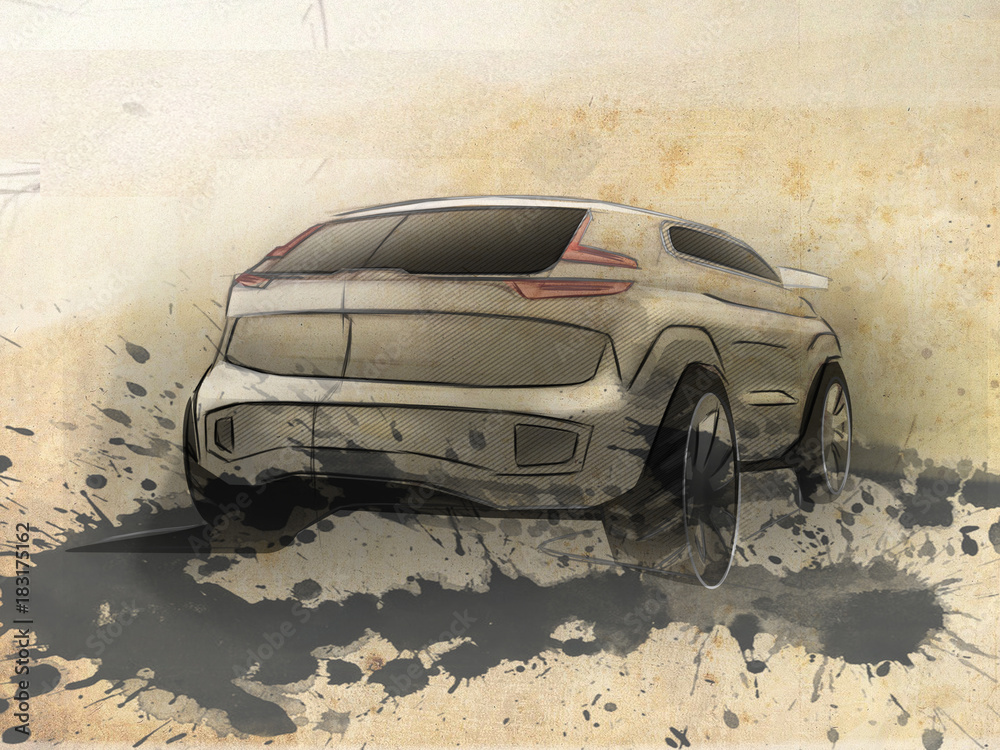 Design sporty exterior car is drawing brush color painting. Vehicle is dynamics and type off road. Sketch is sketched with lights lines and luxurious curves.