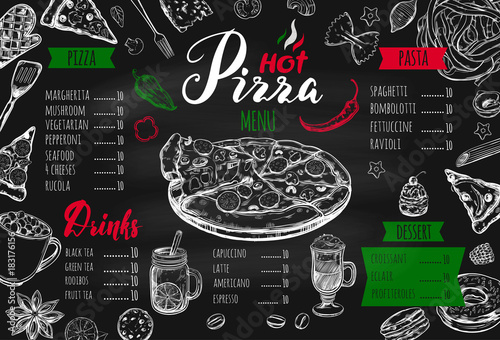 Italian food menu for restaurant and cafe. Pizza and Pasta vector concept. Design template with different hand drawn illustrations and handwritten Lettering