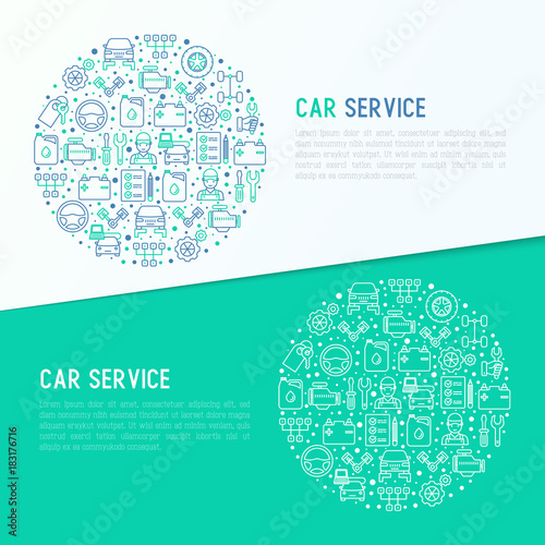 Car service concept in circle with thin line icons of mechanic, computer diagnostics, tools, wheel, battery, transmission, jack. Modern vector illustration for banner, web page, print media.