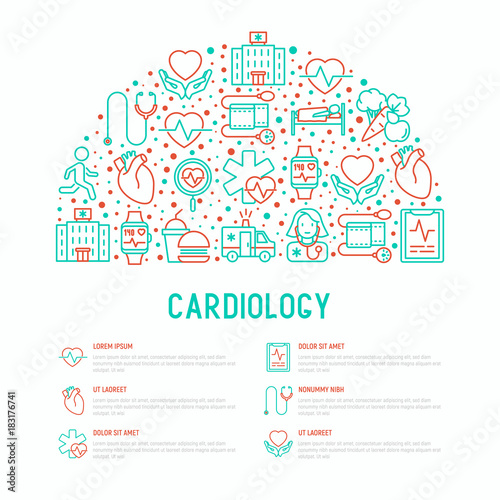 Cardiology concept in half circle with thin line icons set: cardiologist, stethoscope, hospital, pulsometer, cardiogram, heartbeat. Modern vector illustration for banner, web page, print media.