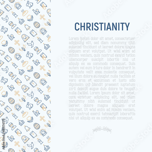 Christianity concept with thin line icons of priest, church, nun, crucifixion, Jesus, bible, dove. Vector illustration for banner, web page, print media.