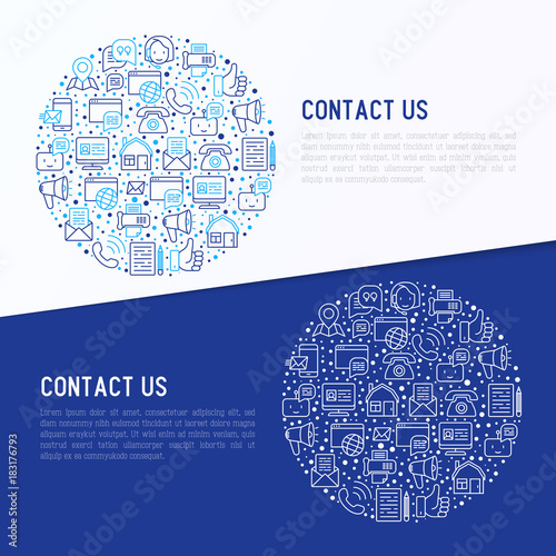 Contact us concept in circle with thin line icons of telephone, fax, operator call center, e-mail, chat bot, pointer, feedback. Modern vector illustration for banner, web page, print media.