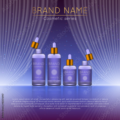 3D realistic cosmetic bottle ads template. Cosmetic brand advertising concept design with wavy light abstract background