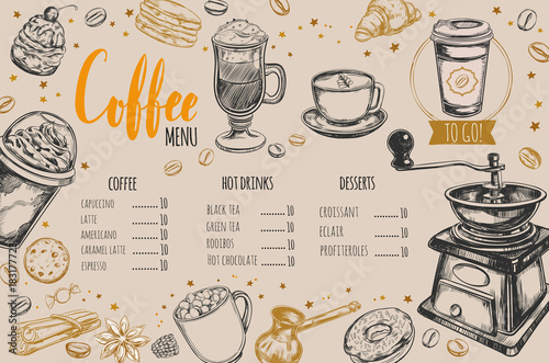 Coffee and Bakery restaurant Menu, brochure. Vector hand drawn template with sketch illustrations and handwritten Lettering, Calligraphy.