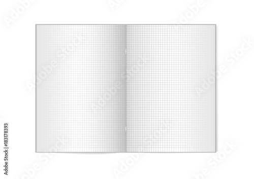 Opened vertical magazine with metallic silver clamp, school notebook , brochure or notebook template on white background. 3d illustration for your design. Vector mock up. Cell lined notebook