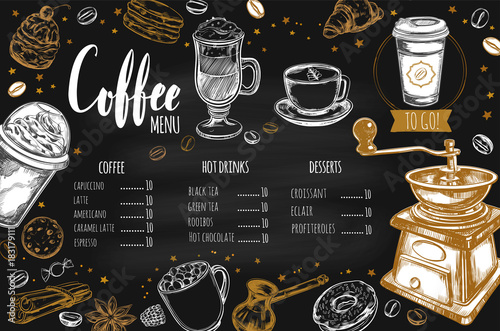 Coffee and Bakery restaurant Menu, brochure. Vector hand drawn template with sketch illustrations and handwritten Lettering, Calligraphy.