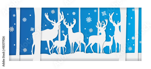 Winter forest with deers in paper creative style. Vector illustration for your design.