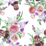 Floral seamless pattern with watercolor roses and irises