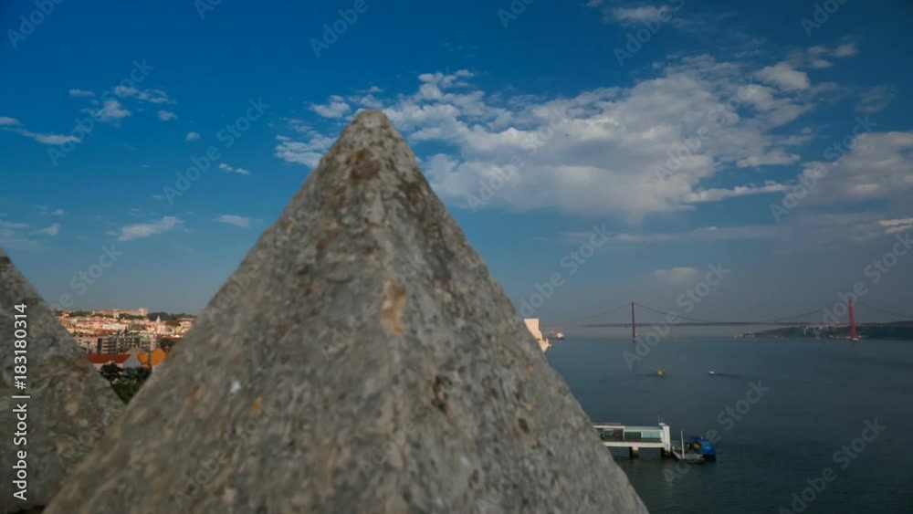 Wide angle cinematic shot of Padrao dos Descobrimentos - Monument to the Discoveries - in Lisbon, Portugal. It celebrates the Age of Discovery on the 15th and 16th centuries.