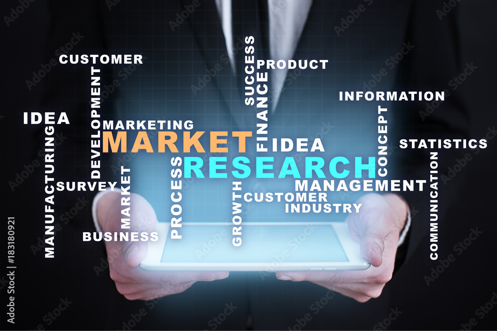 Market research words cloud on the virtual screen. Market research words cloud on the virtual screen.
