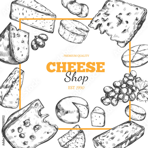 Cheese collection. Vector hand drawn background with different types of cheese.