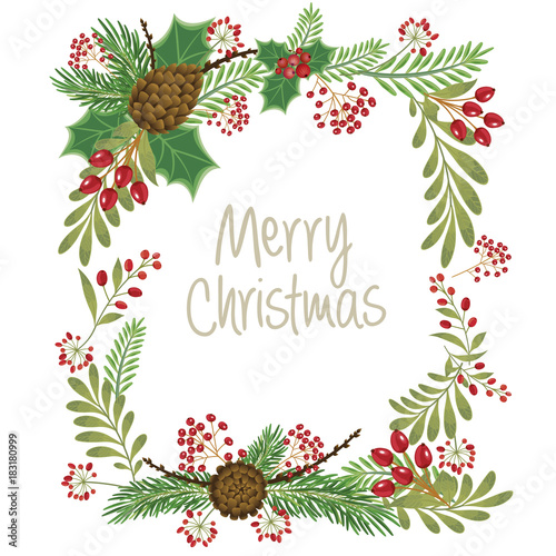 Christmas design composition of poinsettia, mistletoe, fir branches, cones, holly and other plants. Cover, invitation, banner, greeting card. Vector illustration.