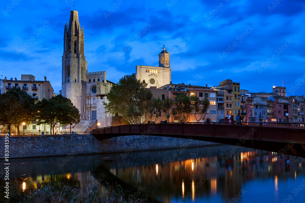 Girona City By Night in Catalonia, Spain