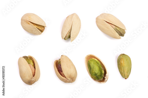Pistachios isolated on white background, top view. Set or collection