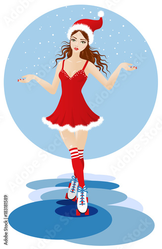 Young beautiful rollerskating girl in Christmas outfit