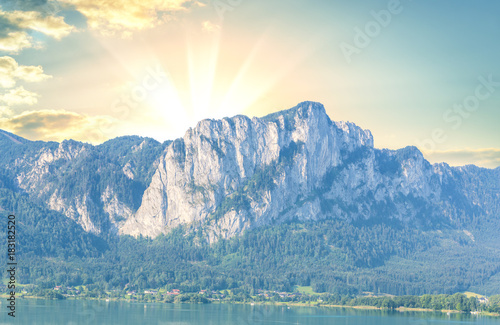 Lake and Mountains on sky background photo