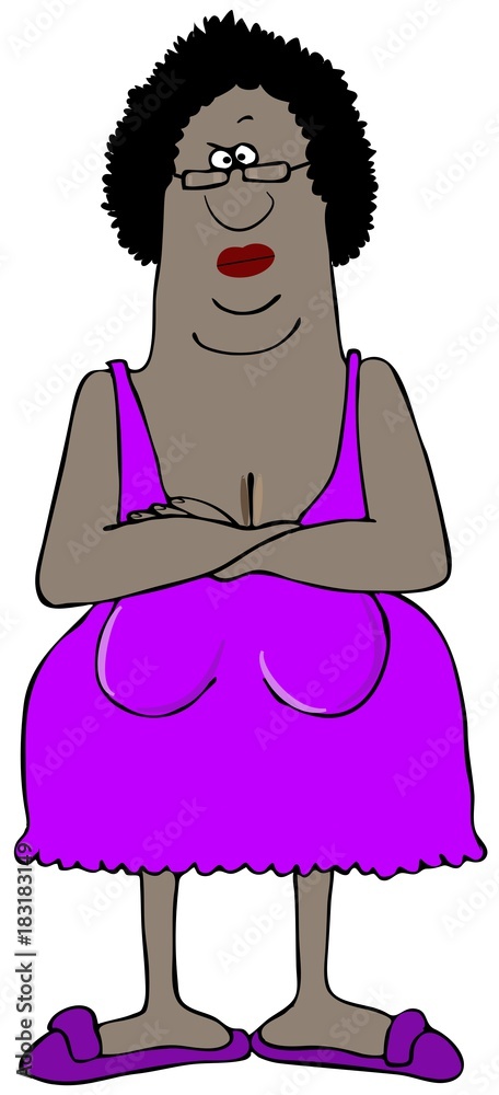 Illustration depicts an old black woman with low hanging boobs crossing her  arms. Stock Illustration