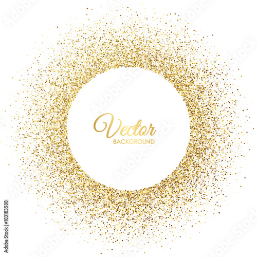 Vector gold sparkles on white background. Gold glitter circle. Frame with glitter for logo, icon, vip card, certificate, gift voucher