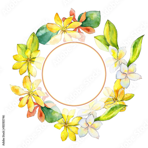 Wildflower gardenia flower wreath in a watercolor style. Full name of the plant: gardenia. Aquarelle wild flower for background, texture, wrapper pattern, frame or border. © yanushkov