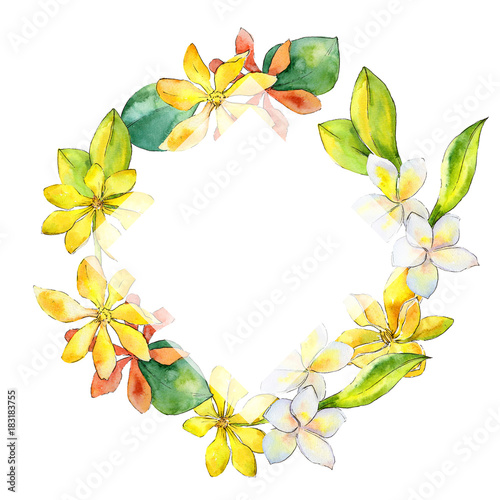 Wildflower gardenia flower wreath in a watercolor style. Full name of the plant: gardenia. Aquarelle wild flower for background, texture, wrapper pattern, frame or border. © yanushkov