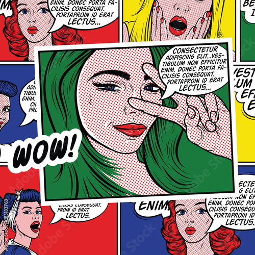 Retro comic girl with speech bubble on pop art comic book background. Pop-art style. Colorful vector illustration.  
