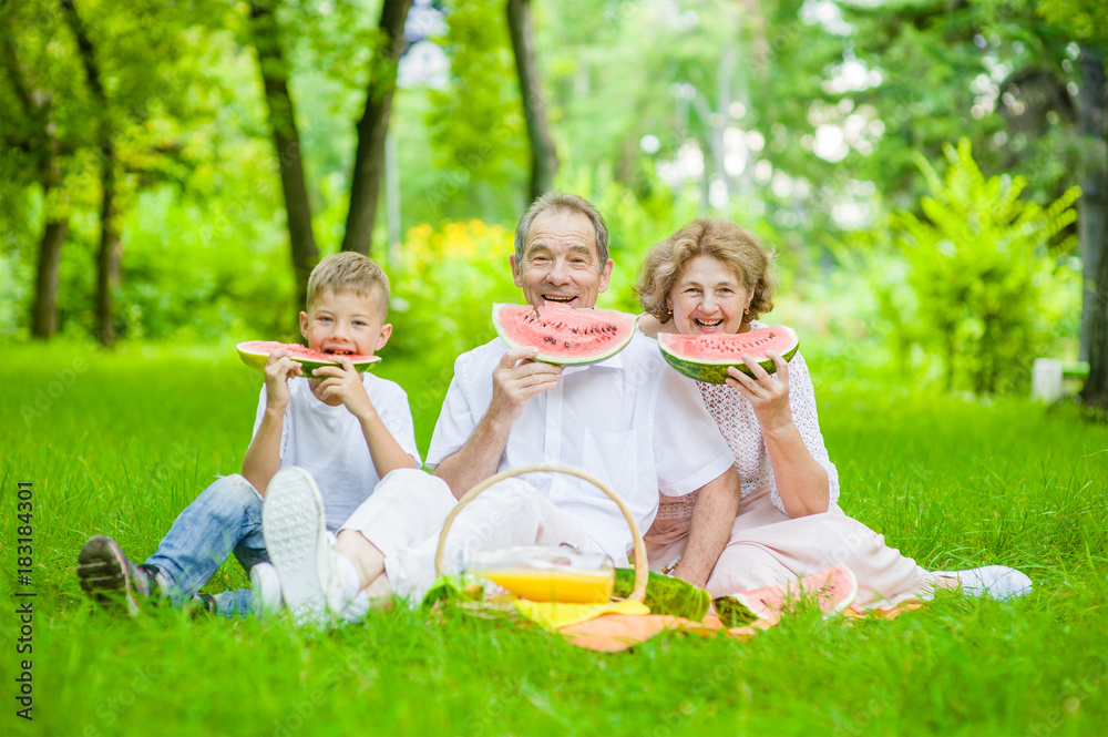 Happy family picnic. Grandparents and little boy eating watermelon in nature Happy family picnic. Grandparents and little boy eating watermelon in nature