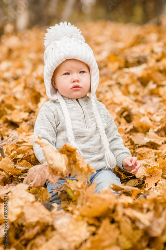 little girl sits on autumn leaves fallen in the park