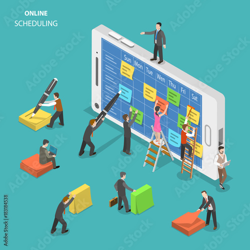 Online schedule flat isometric vector concept. People are filling a schedule on smartphone screen using colorful stickers and a pen.