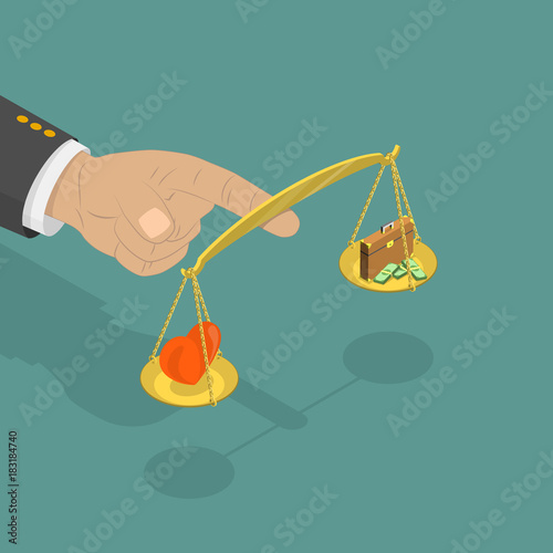 Life balance flat isometric vector. Big hand is holding scales on its forefinger. Scales contains a heart from one side and the suitcase from other one. Concept of work and personal life balance.
