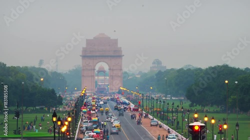 Delhi, India. Time-lapse of Car and people traffic to the India Gate in Delhi in the evening