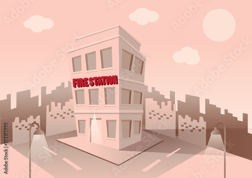 Building of fire station. Set of elements for construction of urban and village landscapes. Vector flat illustration