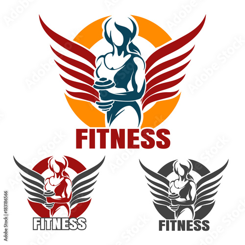 Fitness club emblem set with training athletic woman