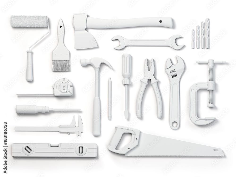 Set of of white tools isolated on white background. Mock up. WIth paths. Set of of white tools isolated on white background. Mock up. WIth paths.