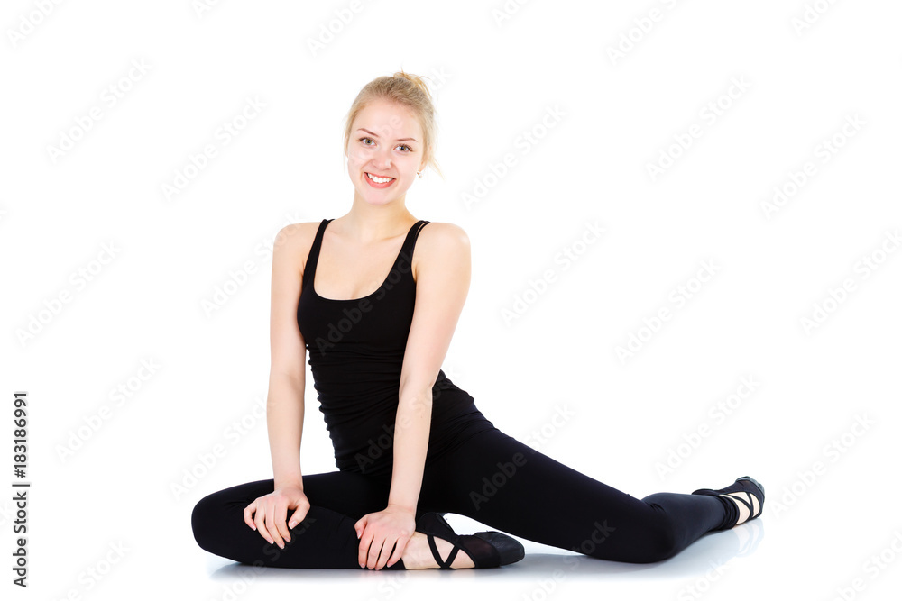 Young happy girl doing Fitness and gymnastic exercise, isolated on white background Young happy girl doing Fitness and gymnastic exercise, isolated on white background