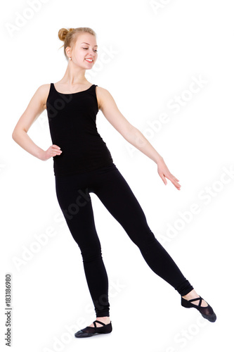 Young caucasian Modern Jazz dancer in a black top and black pants on a white isolated background displaying various positions.