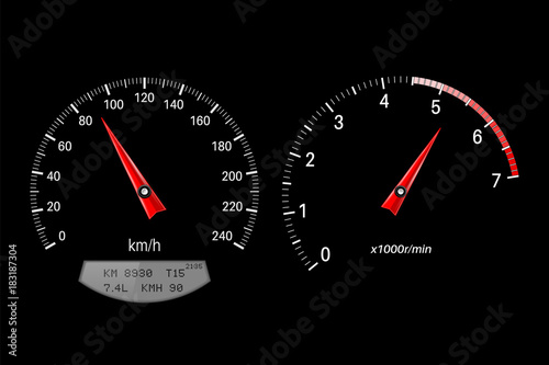 Speedometer and tachometer. Round scales on black background