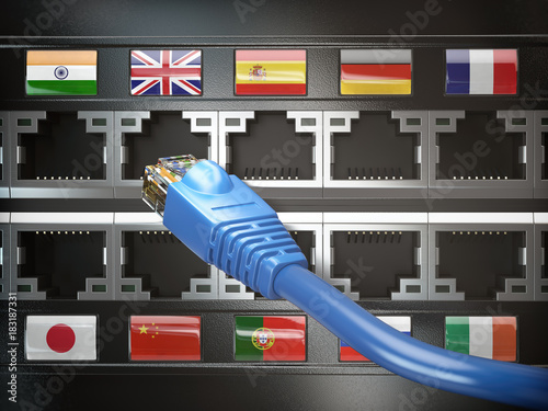 E-learning, translate foreign languages, online vocabilary, multilingual support or change of ip location concept. Flags of countries and ethernet plug and sockets.