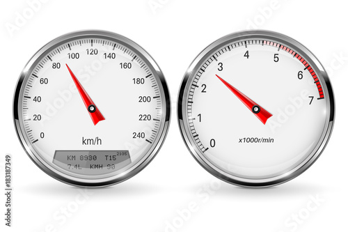Speedometer and tachometer. Round gage with metal frame