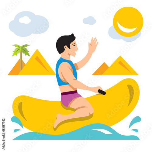 Vector Bot ride a Banana Boat. Flat style colorful Cartoon illustration.