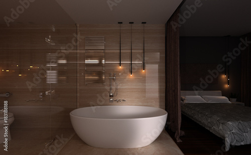 3D Rendering Bedroom and Bathroom Interior