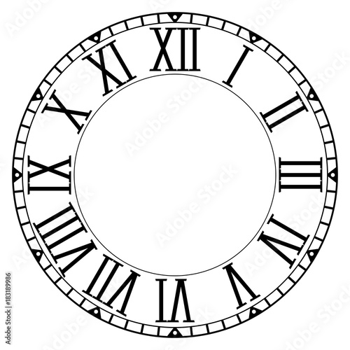 Clock face. Blank clock with roman numerals on white background