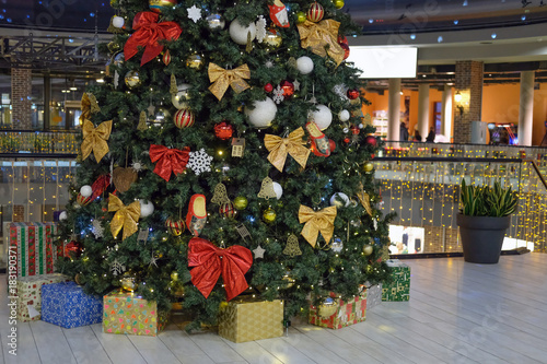 shopping mall background with Christmas decorations