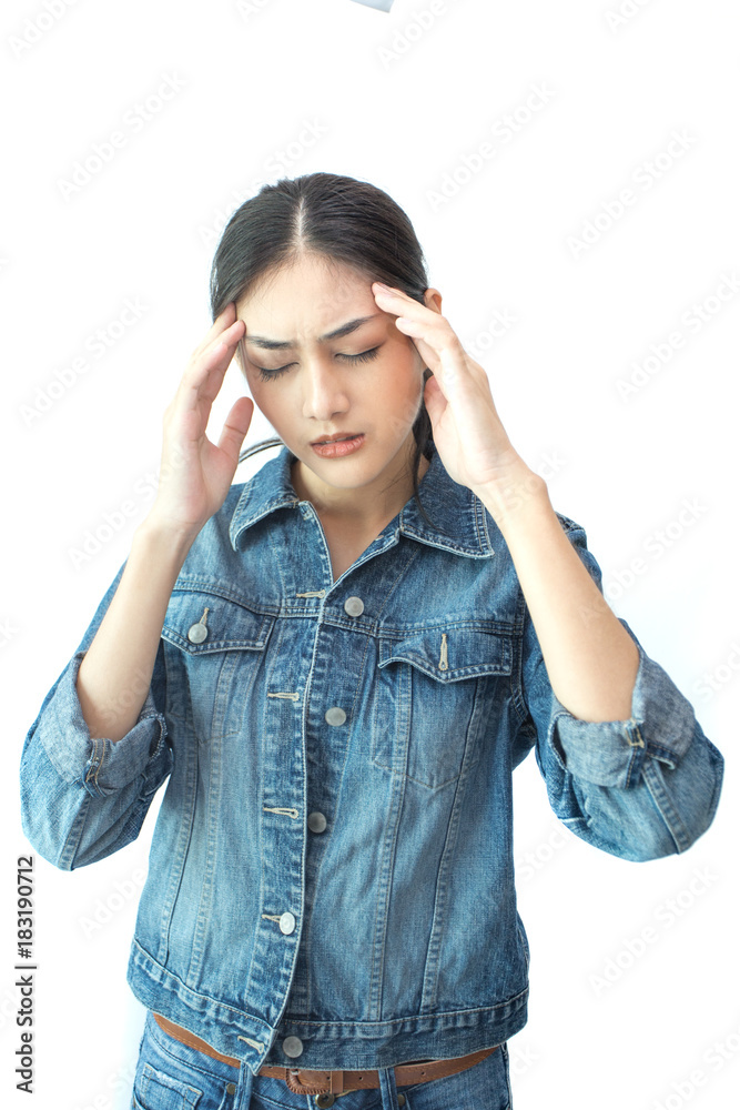 Woman touching her head with hands. Young asian woman feel headache. Isolated on white background. Woman touching her head with hands. Young asian woman feel headache. Isolated on white background.