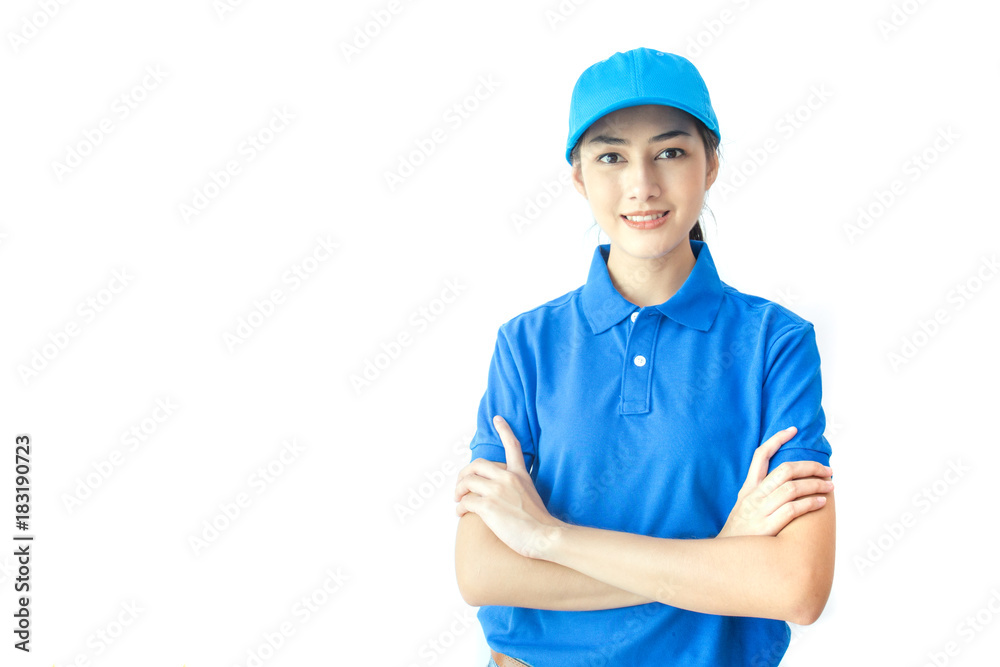 Young Asian Woman with Delivery service worker in uniform. Woman holding Box with attractive smiling isolated on white background. Young Asian Woman with Delivery service worker in uniform. Woman holding Box with attractive smiling isolated on white background.